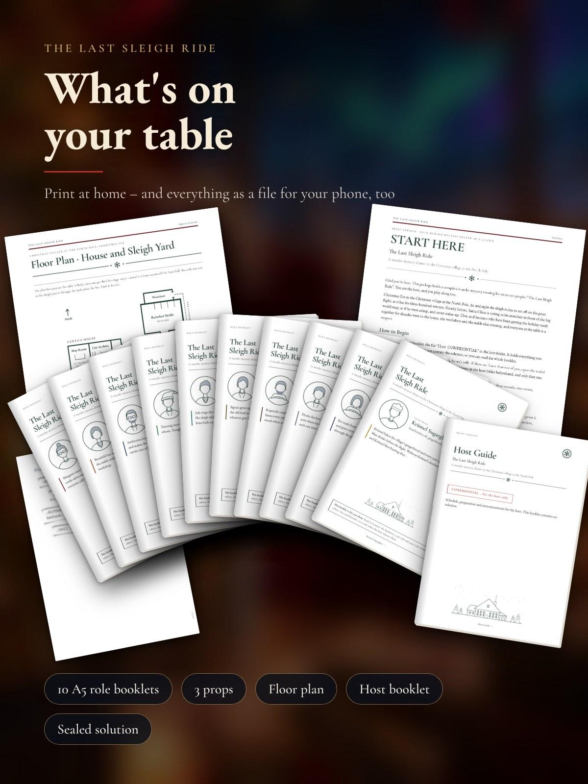 The printed materials on a table: A5 role booklets, floor plan, START HERE, host booklet and a prop