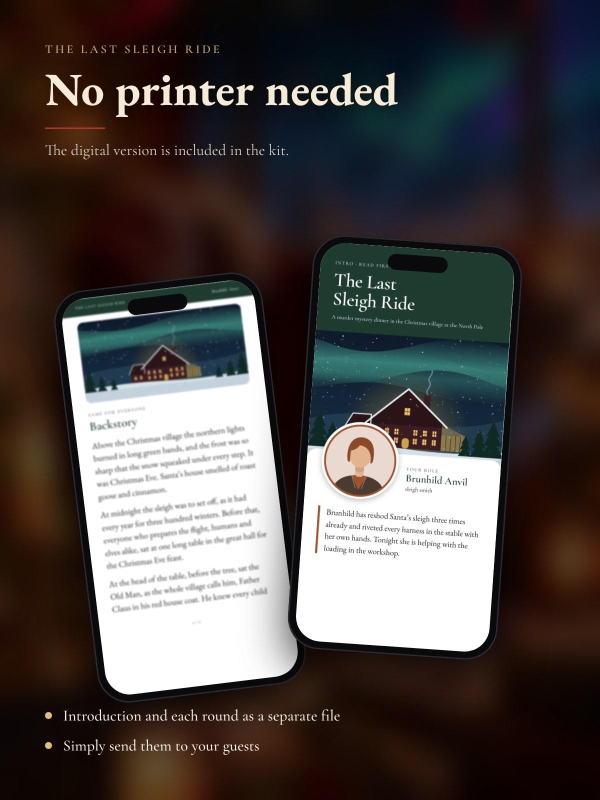 Two phones showing a character's introduction from the digital version