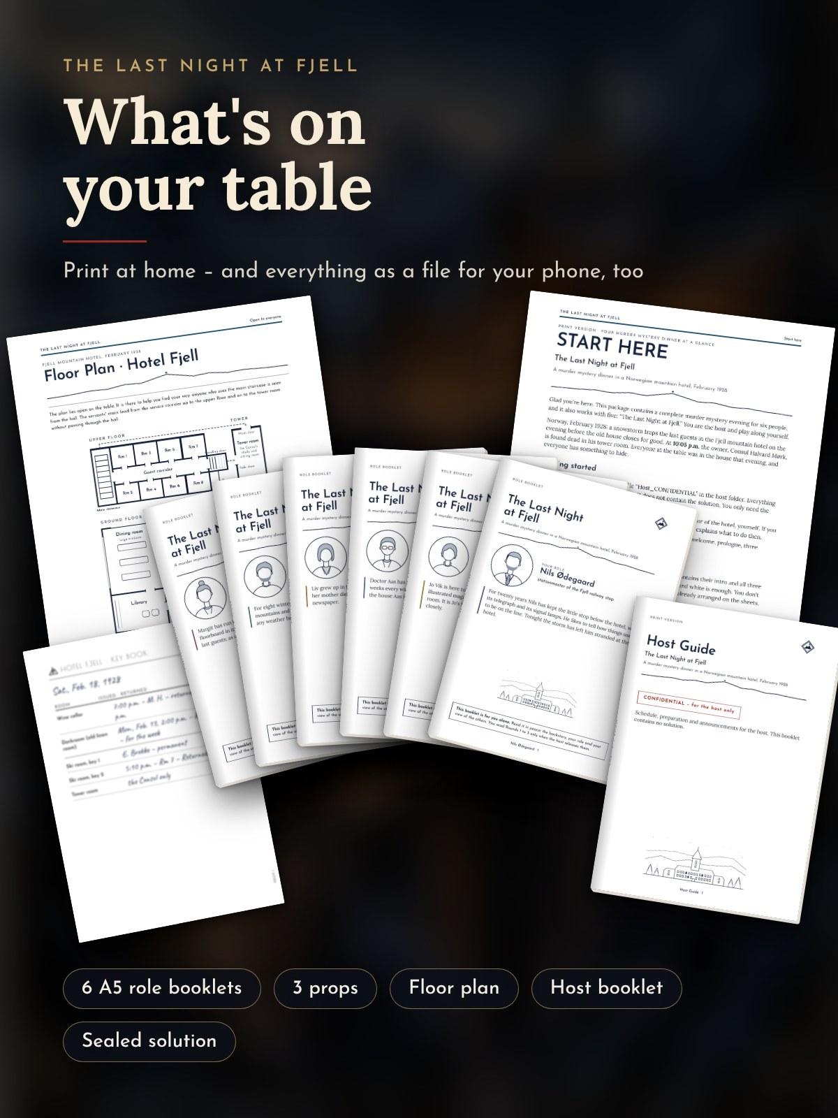 The printed materials on a table: A5 role booklets, floor plan, START HERE, host booklet and a prop