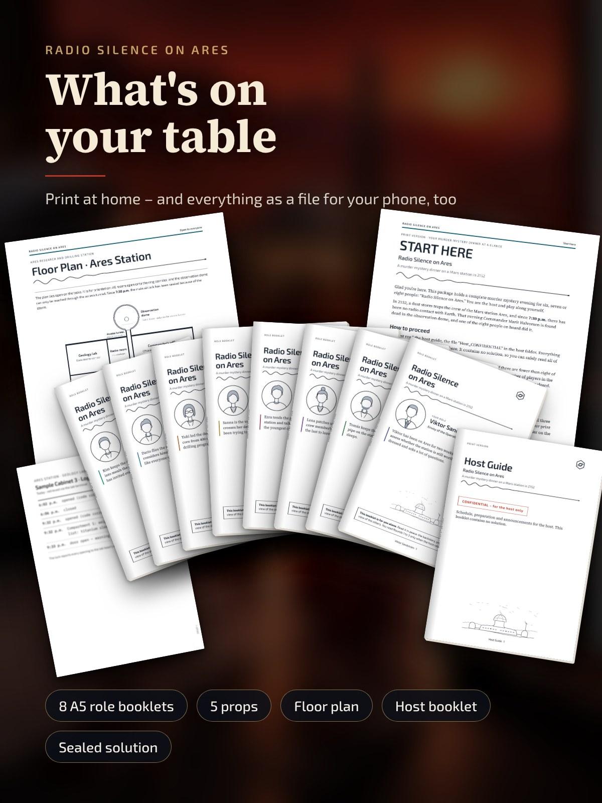 The printed materials on a table: A5 role booklets, floor plan, START HERE, host booklet and a prop