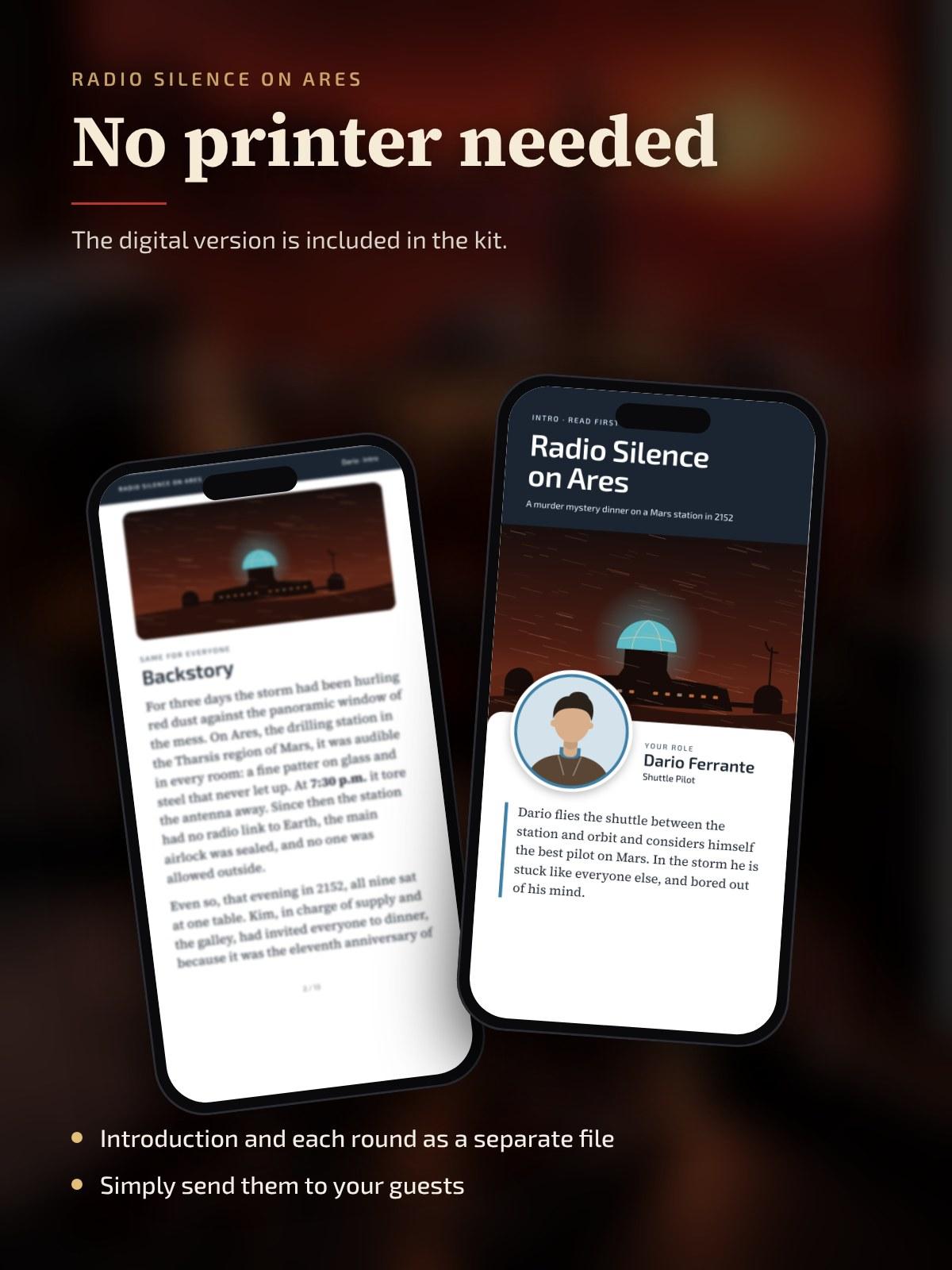 Two phones showing a character's introduction from the digital version