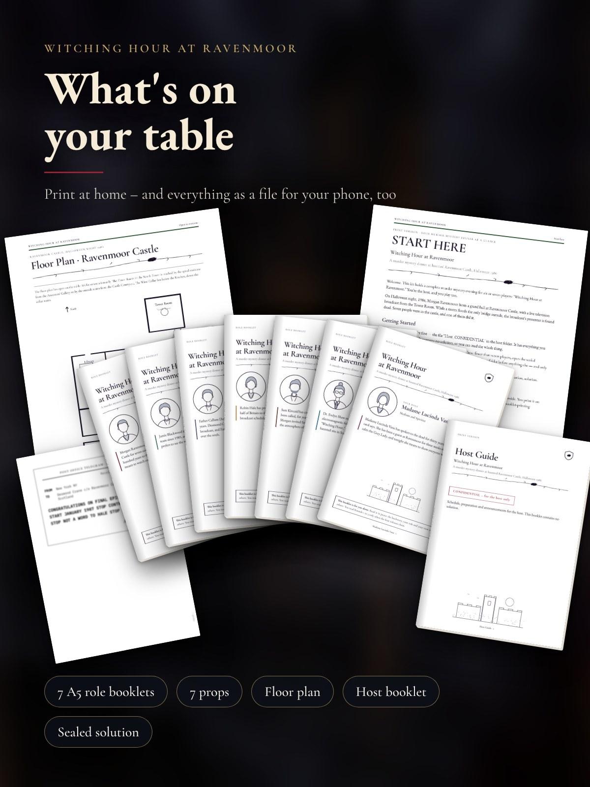The printed materials: seven role booklets in A5, floor plan of Ravenmoor Castle, START HERE, the game master's booklet, and a prop