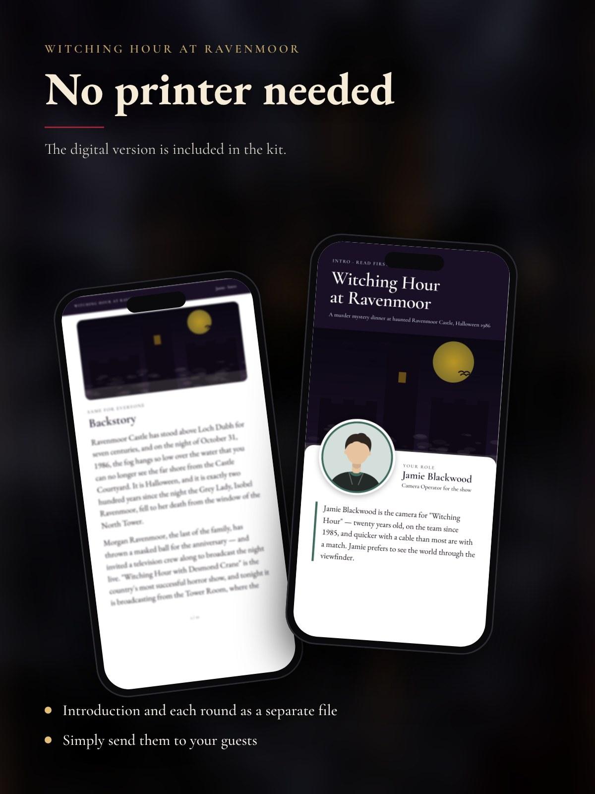 Two phones showing Morgan Ravenmoor's introduction from the digital version