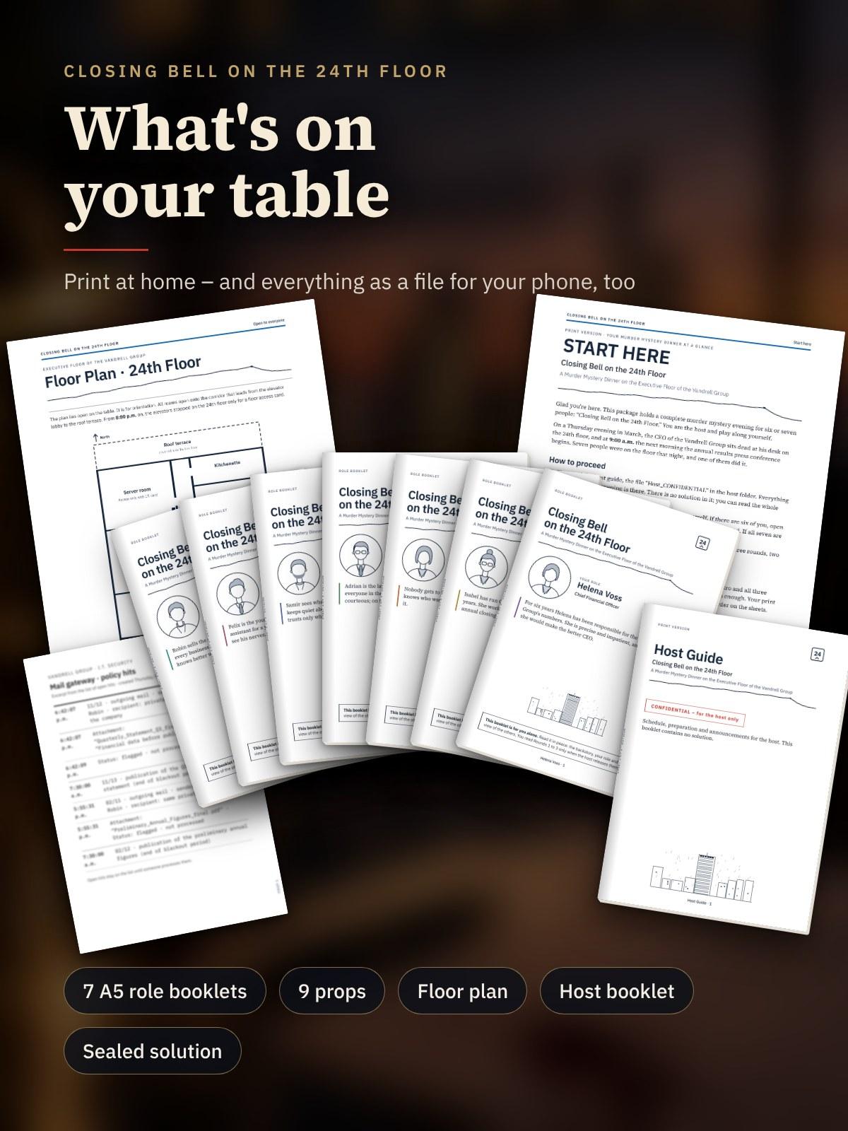 The printed materials on a table: A5 role booklets, floor plan, START HERE, host booklet and a prop