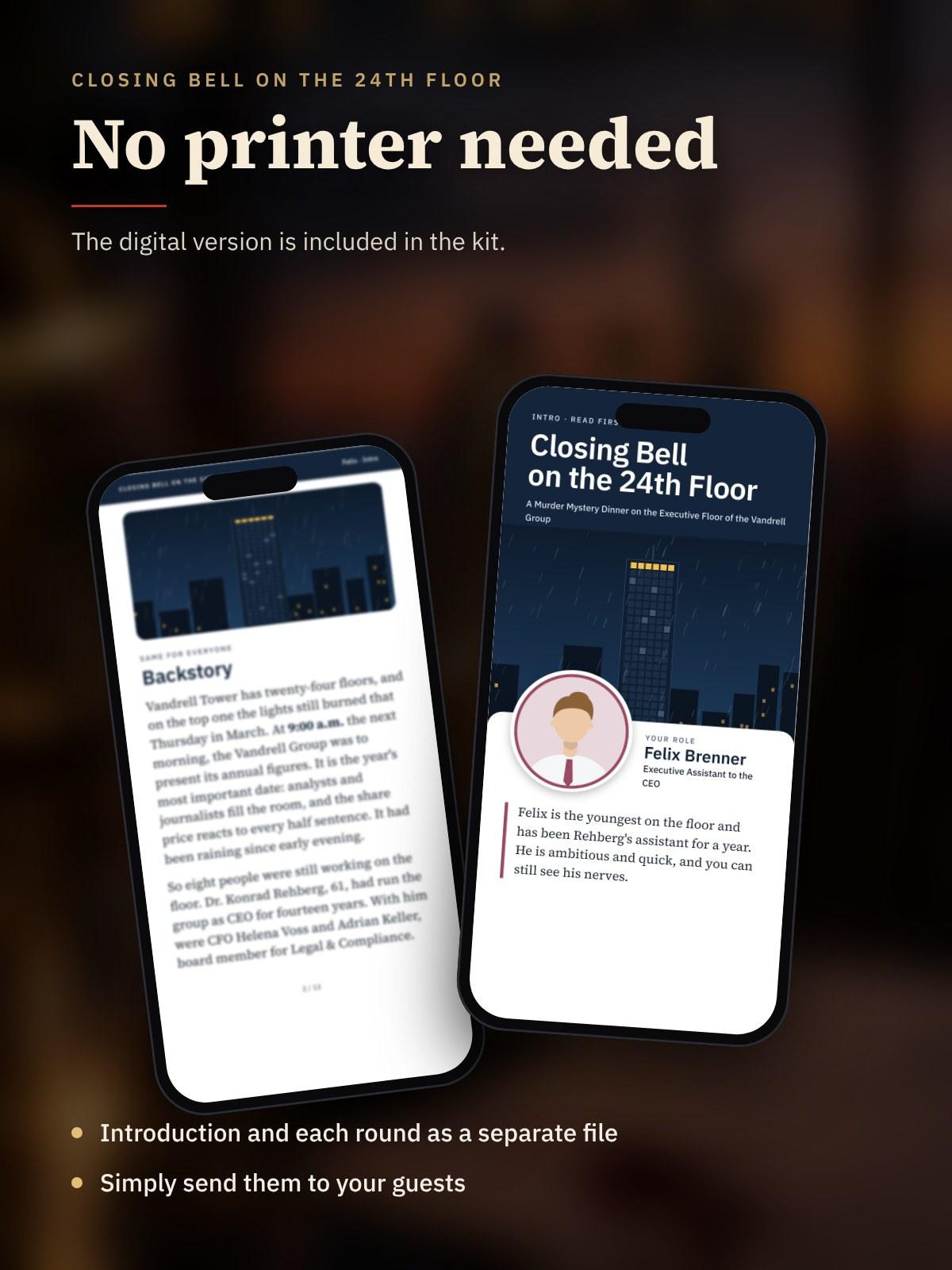 Two phones showing a character's introduction from the digital version