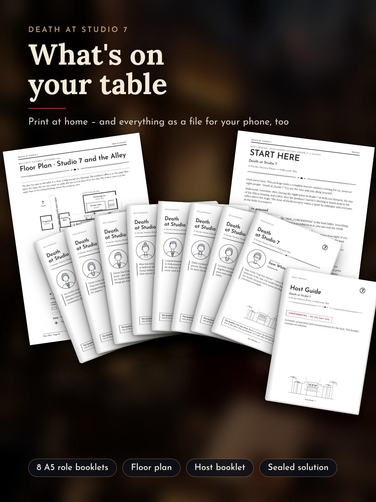 The printed materials on a table: A5 role booklets, floor plan, START HERE, host booklet and a prop