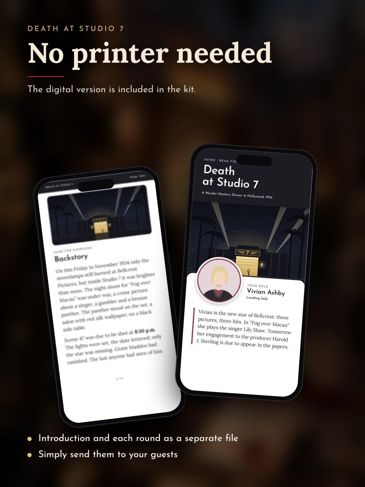 Two phones showing a character's introduction from the digital version