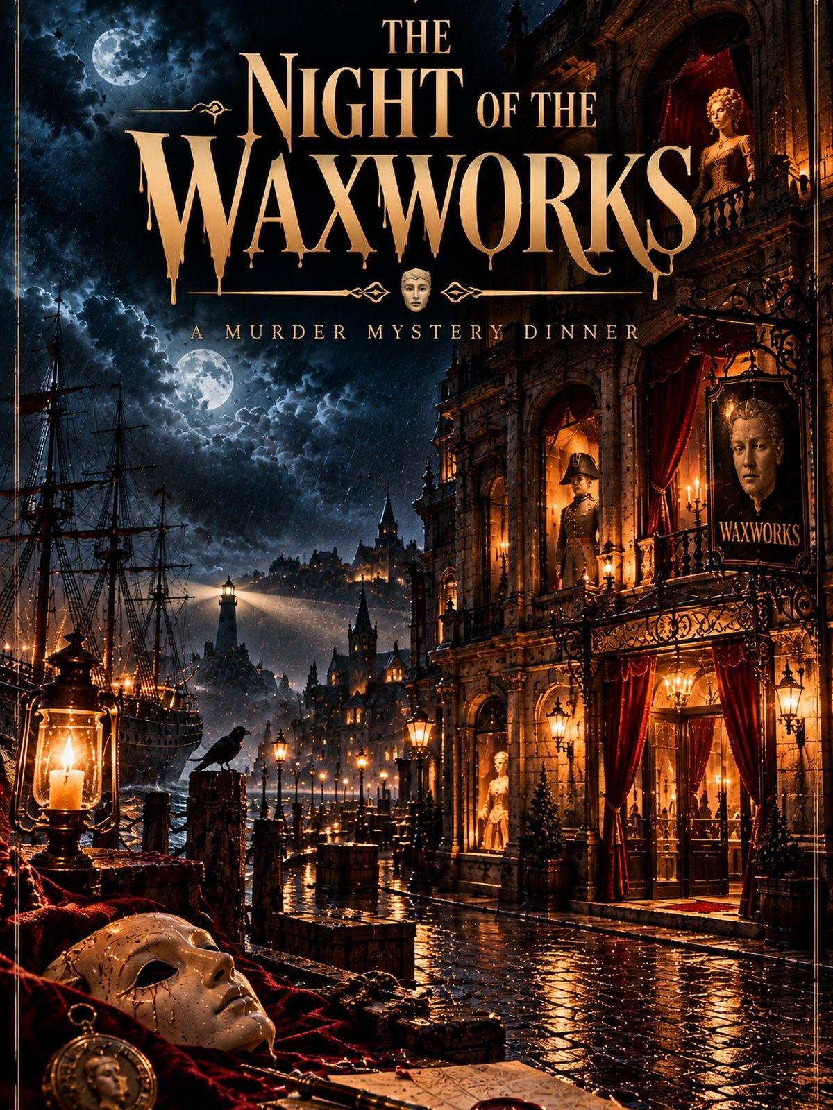 Cover: The Night of the Waxworks, a lit hotel with wax figures in the windows on a rainy harbor at night, with a white mask and a lantern in the foreground