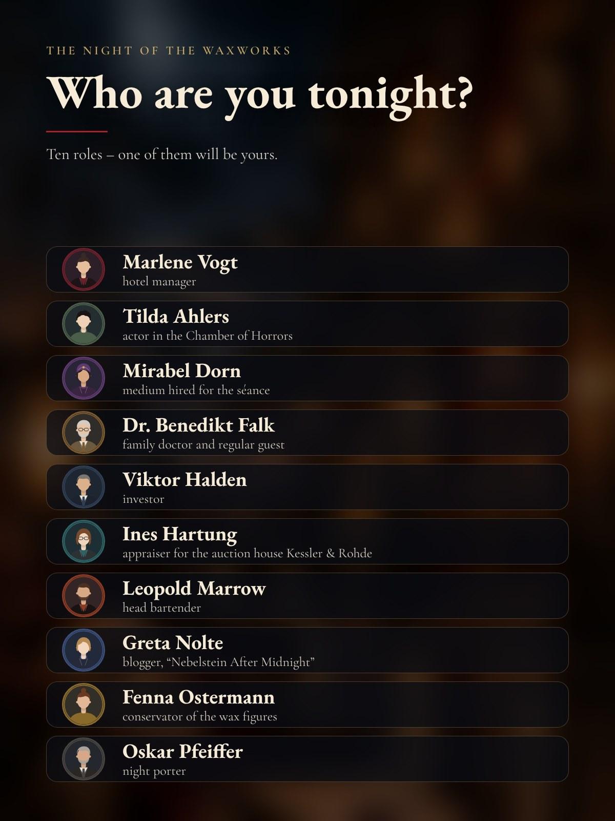 The ten characters of the murder mystery dinner with portrait, name and role