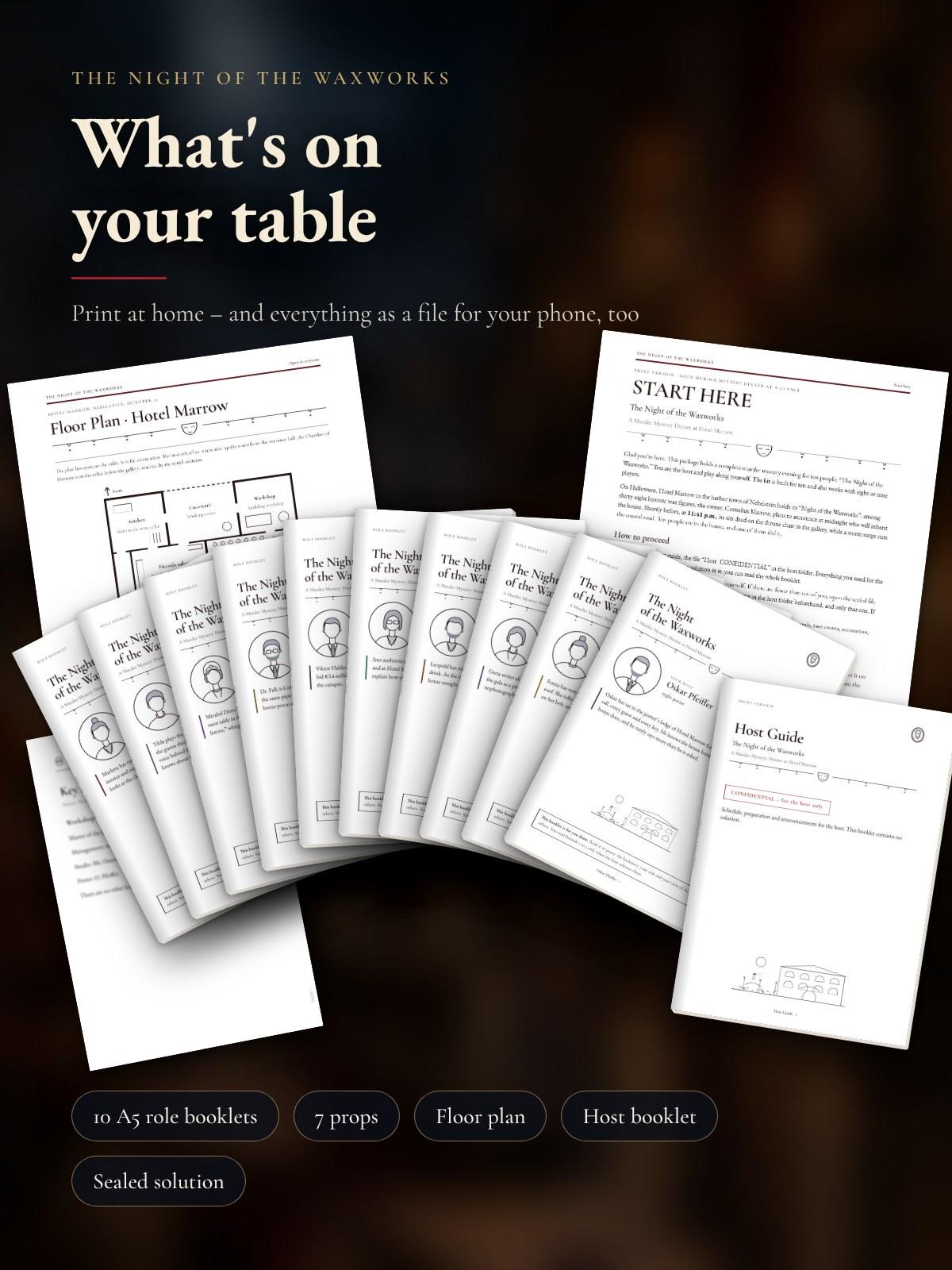 The printed materials: ten A5 role booklets, floor plan of Hotel Marrow, START HERE, host guide and one prop
