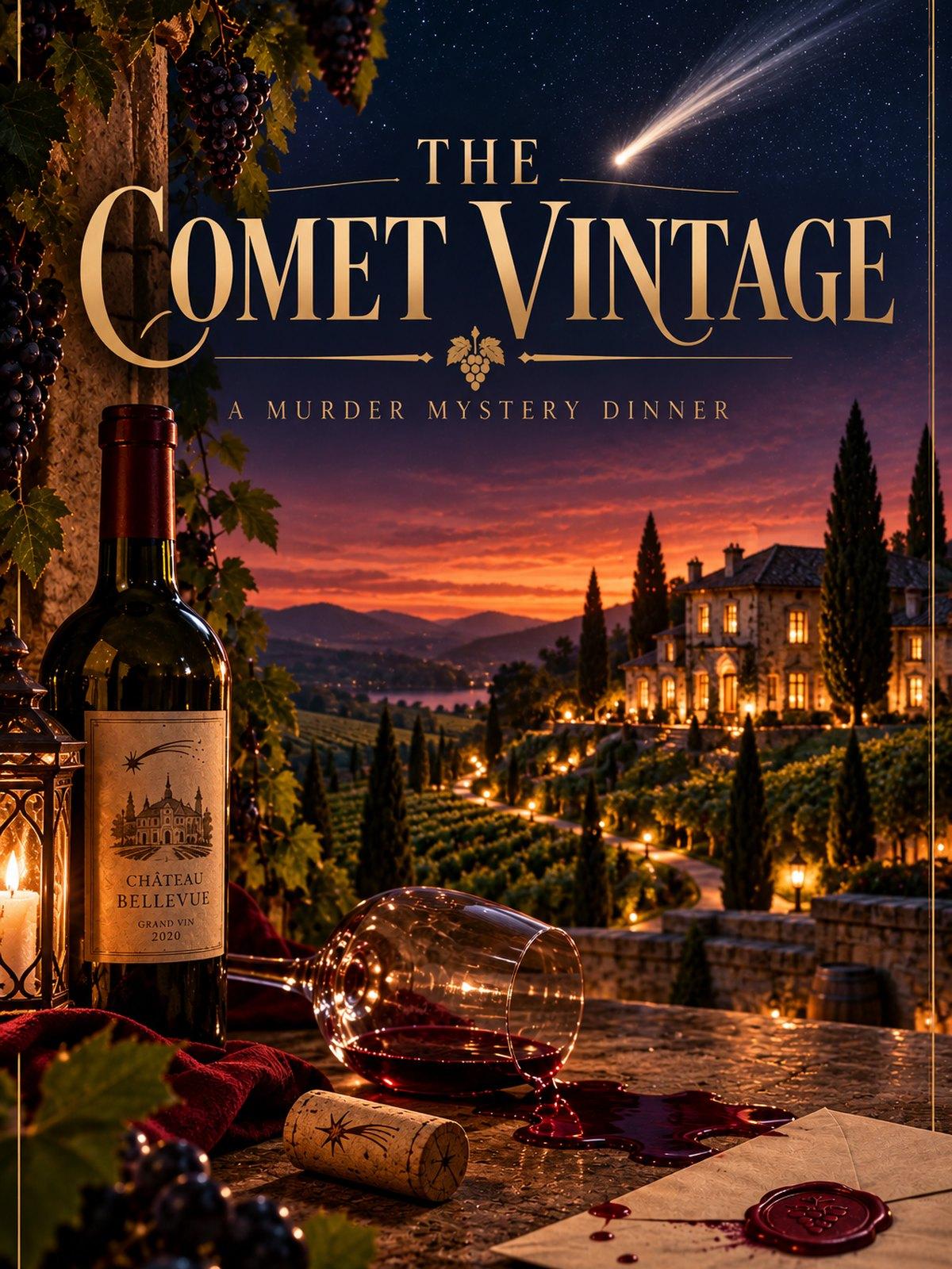 Cover art: The Comet Vintage, a wine bottle, an overturned glass and a sealed letter on a terrace, with a lit manor house above vineyards and a comet in the night sky behind