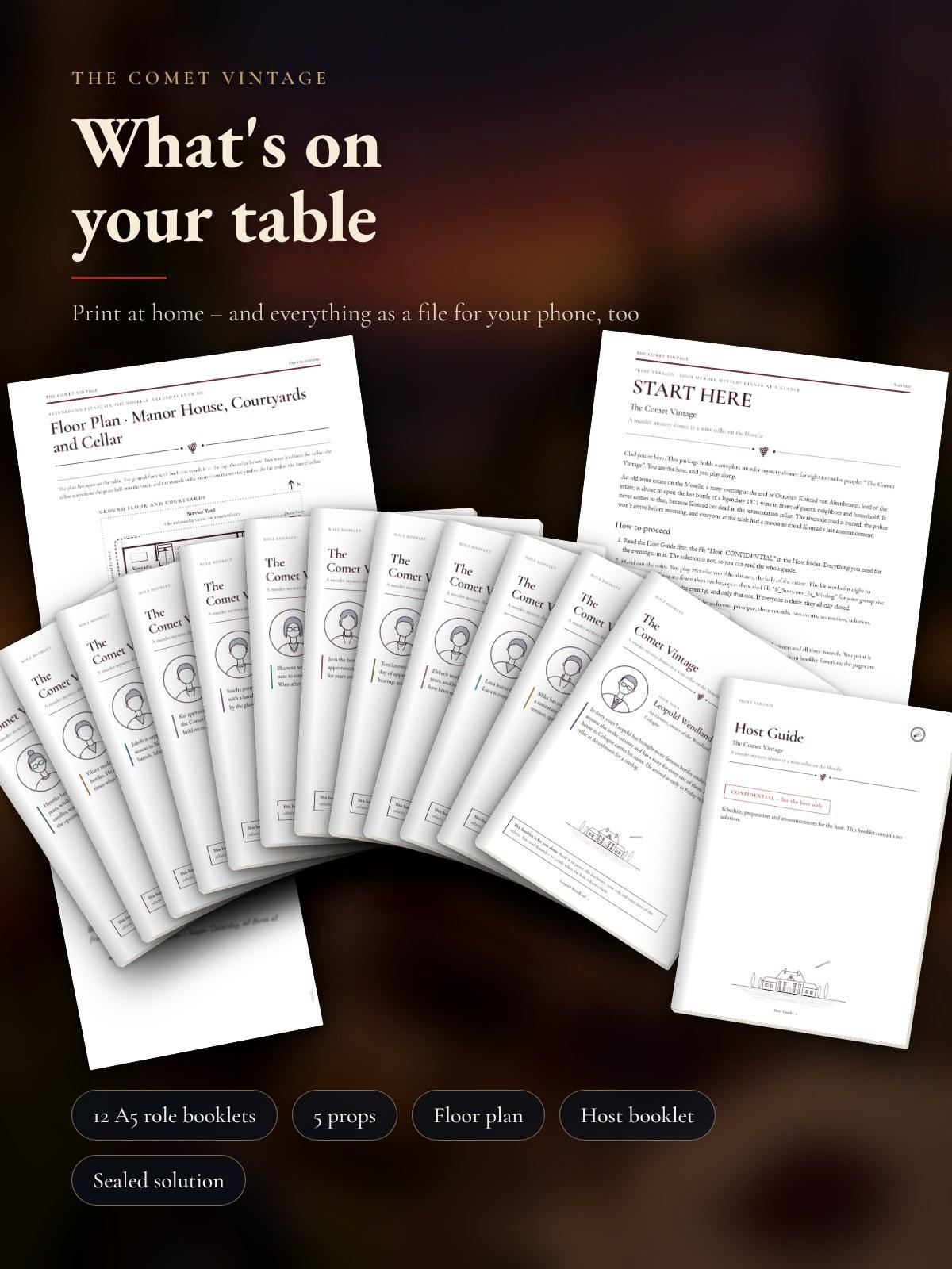The printed materials: twelve A5 Role Booklets, the estate Floor Plan, START HERE, the Host Guide and one prop