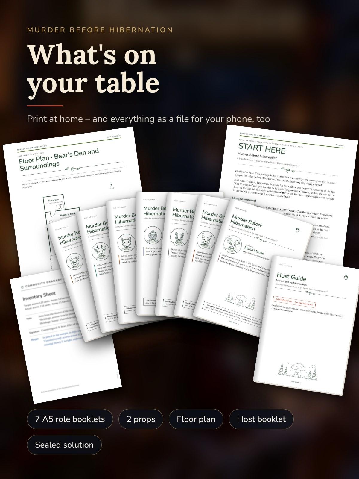 The printed materials: seven A5 role booklets, floor plan of the bear's den, START HERE, host guide and two props